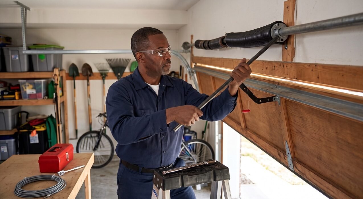 Man Repairing Spring Repair Onsite Garage Doors By Robert LLC